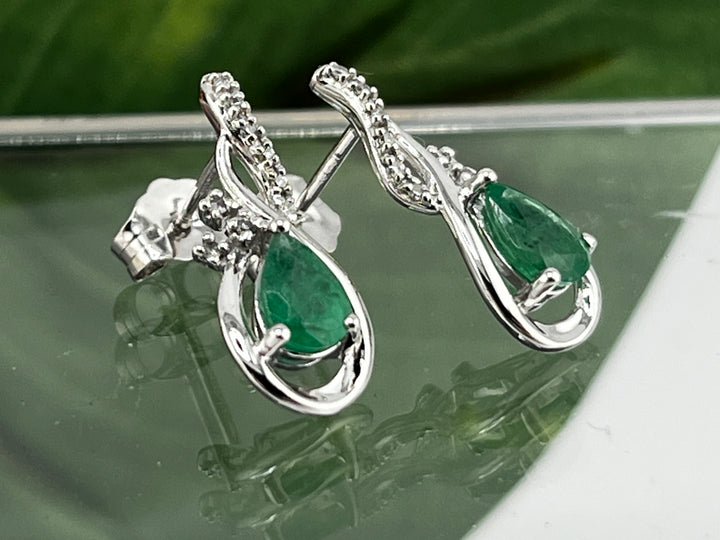 10K White Gold Emerald and Diamond Earrings