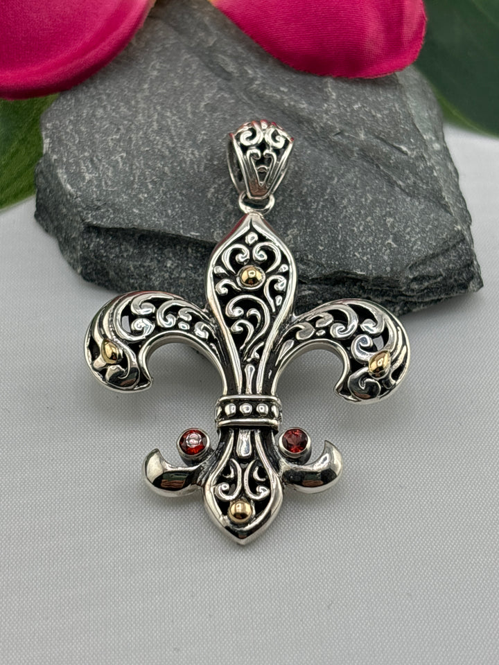 Garnet/18k accented Flour-de-lis Pendant