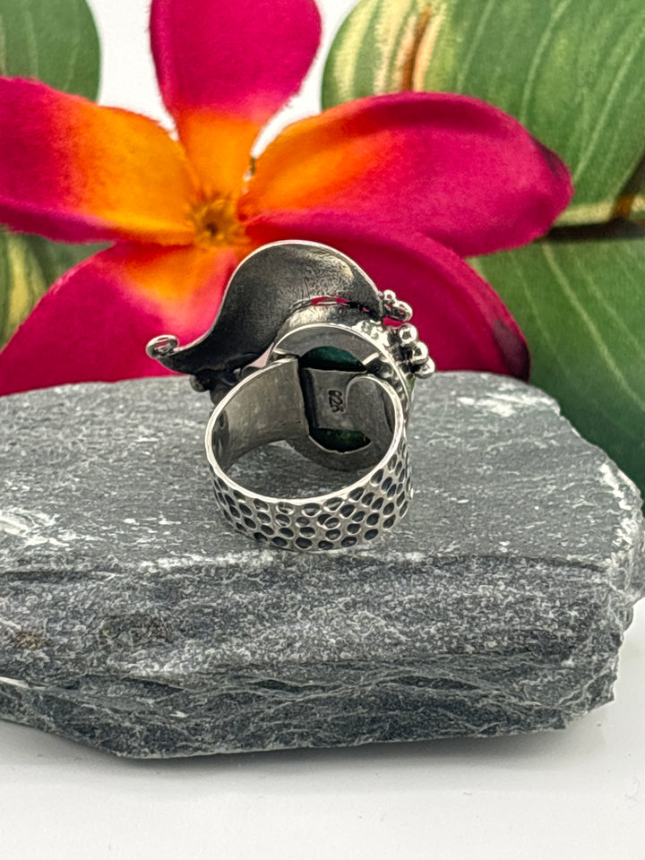 Hubei Turquoise w/Floral Design Ring Size 5 Adjustable