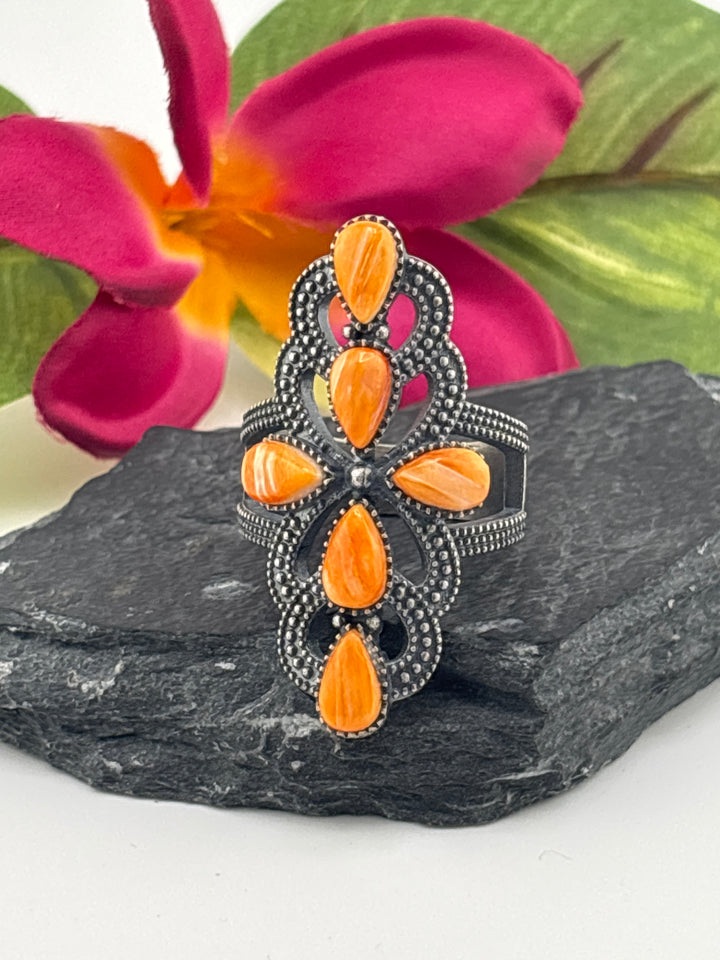 Orange Spiny Oyster Cross and 925 Sterling Silver Ring Size 10
