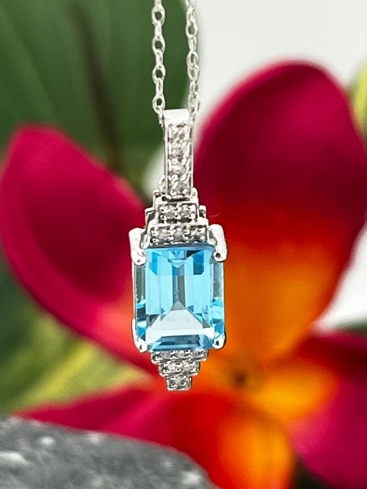 10K White Gold Blue Topaz and Diamond Necklace