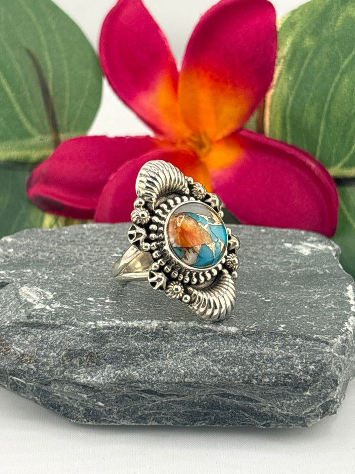 Spiny Oyster Copper Turquoise Ring Size 6