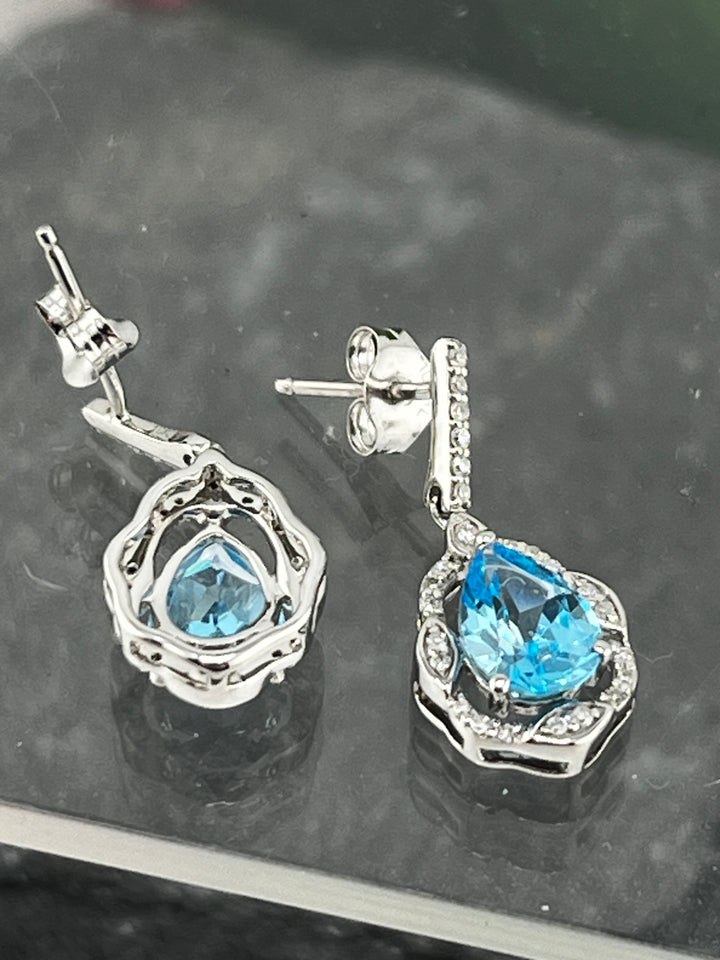 10K White Gold Blue Topaz and Diamond Earrings