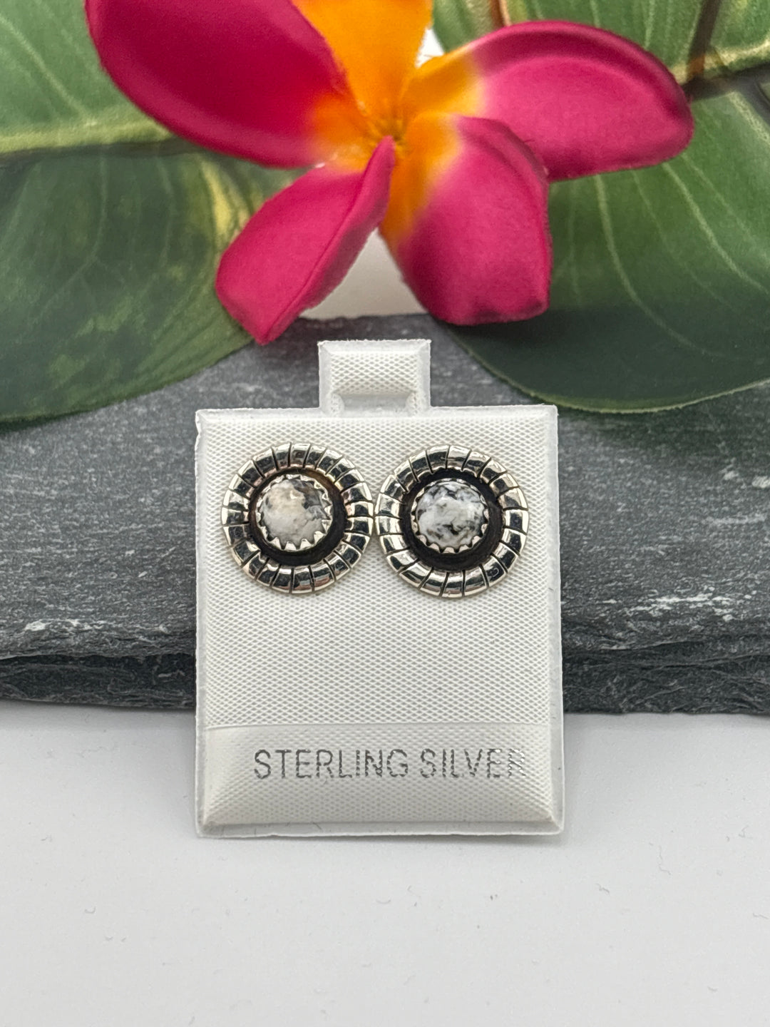White Buffalo Round Stud Earrings