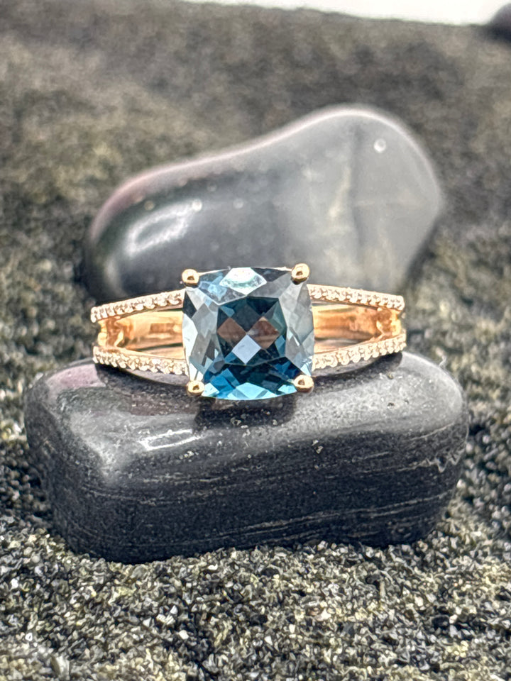 10k Rose Gold, Natural Diamonds and London Blue Topaz Ring Size 7