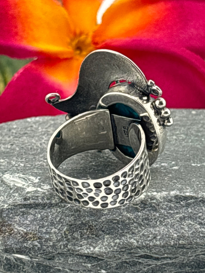 Hubei Turquoise w/Floral Design Ring Size 7 Adjustable