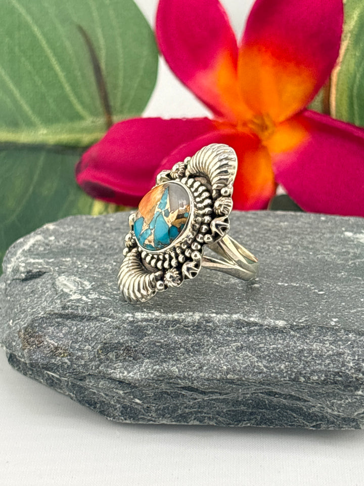 Spiny Oyster Copper Turquoise Ring Size 6