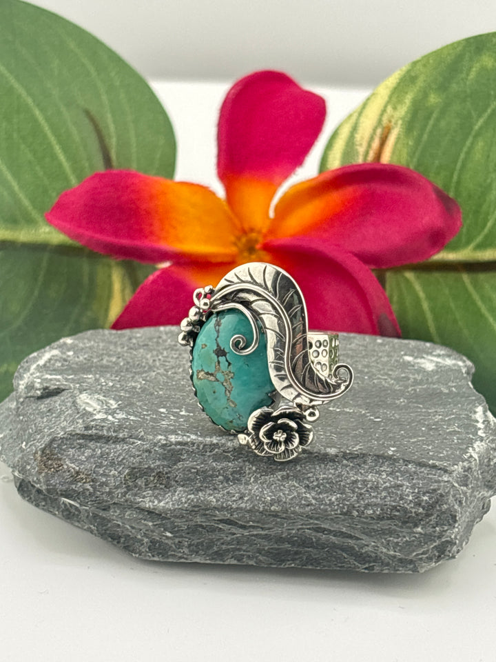 Hubei Turquoise w/Floral Design Ring Size 8 Adjustable