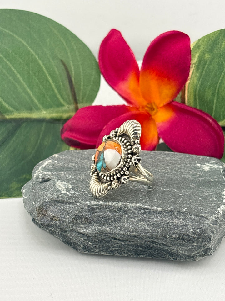 Spiny Oyster Copper Turquoise Ring Size 6