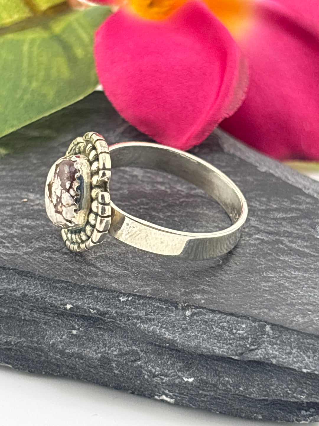 Round Wild Horse Jasper and 925 Sterling Silver Ring Size 9