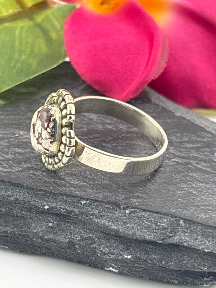 Round Wild Horse Jasper and 925 Sterling Silver Ring Size 9