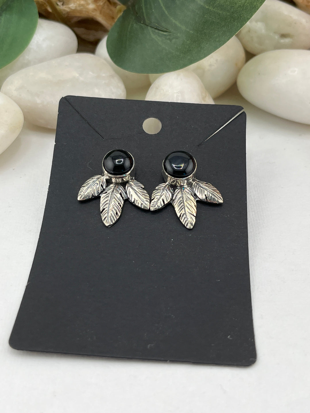 FB  Black Onyx Feather Earrings
