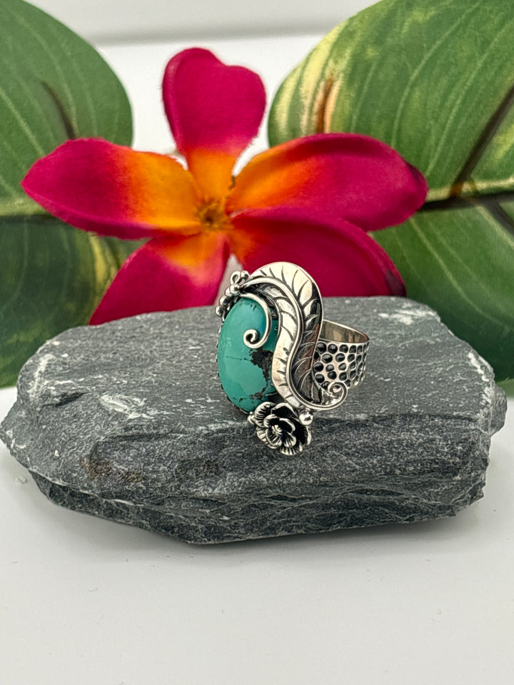 Hubei Turquoise w/Floral Design Ring Size 8 Adjustable