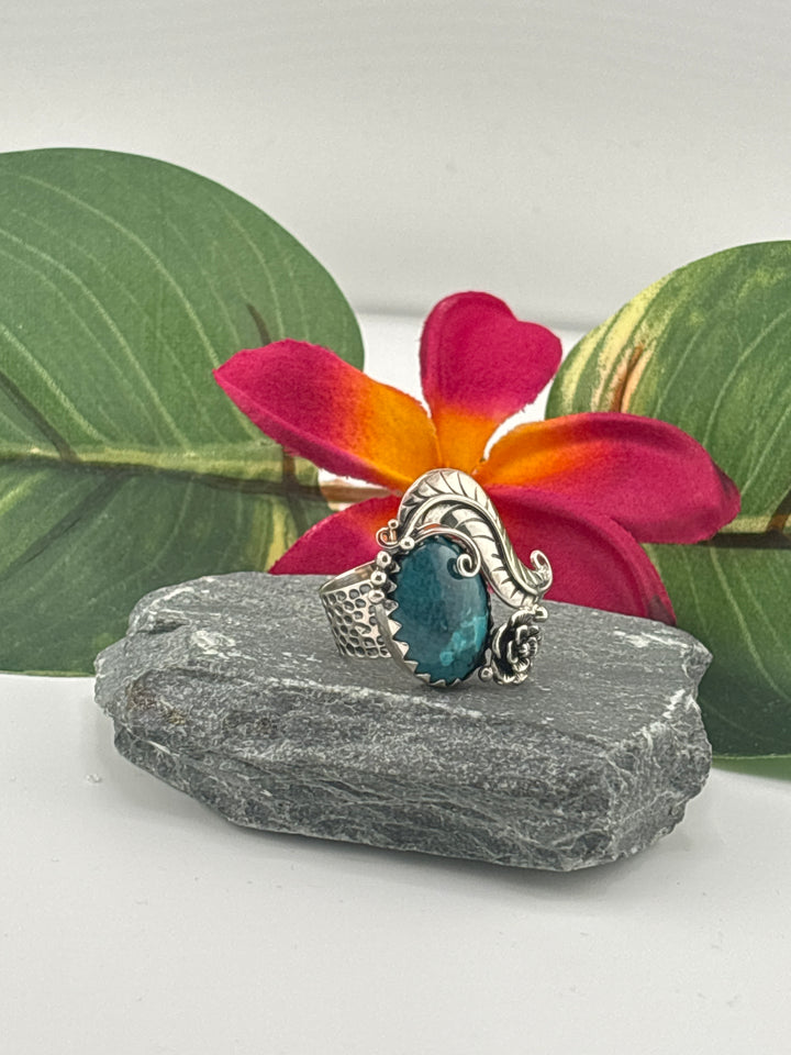 Hubei Turquoise w/Floral Design Ring Size 6 Adjustable