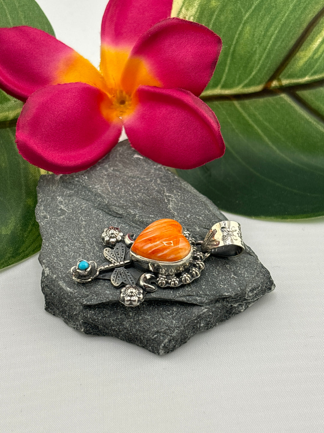 Spiny Oyster Heart & Turquoise Dragonfly Pendant