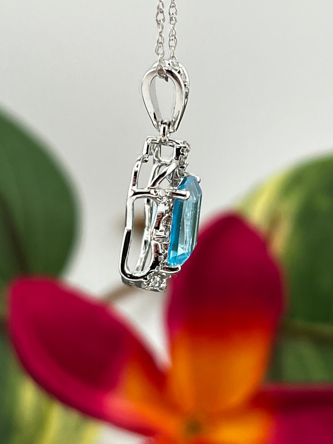 10K White Gold Blue Topaz and Diamond Necklace