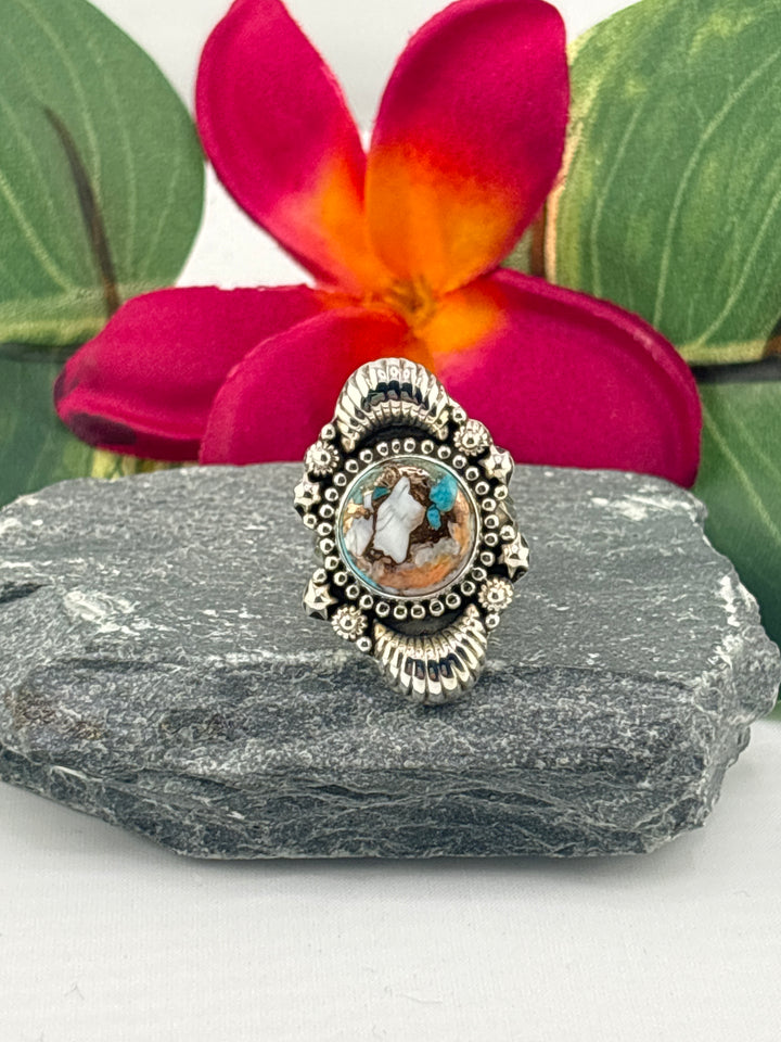 Spiny Oyster Copper Turquoise Ring Size 6
