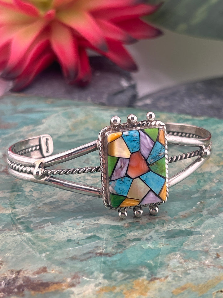 Regie 925 Sterling Silver Mosaic Multi-stone Rectangle Cuff