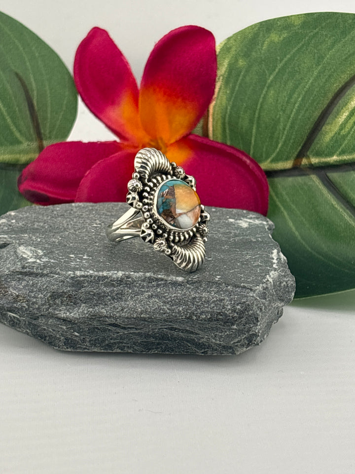 Spiny Oyster Copper Turquoise Ring Size 7