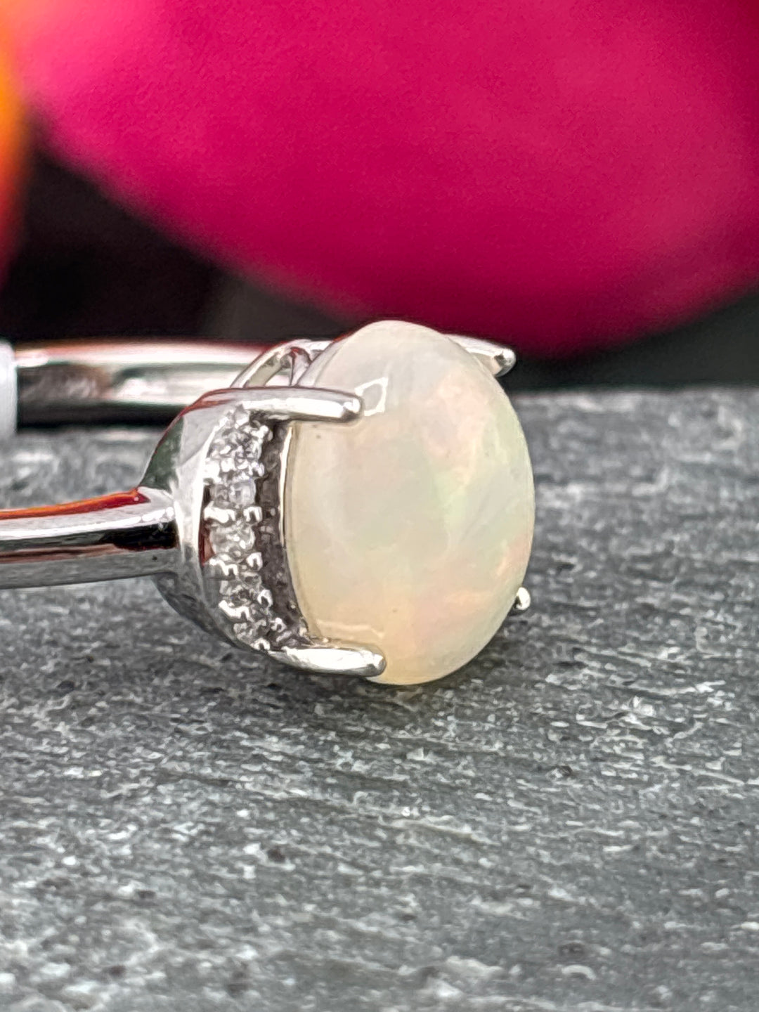 10k White Gold, Natural Diamonds and Ethiopian Opal Ring Size 6.75