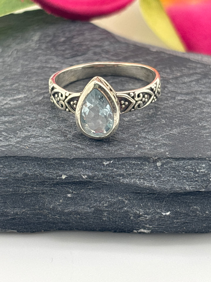 Aquamarine Teardrop and 925 Sterling Silver Ring Size 6