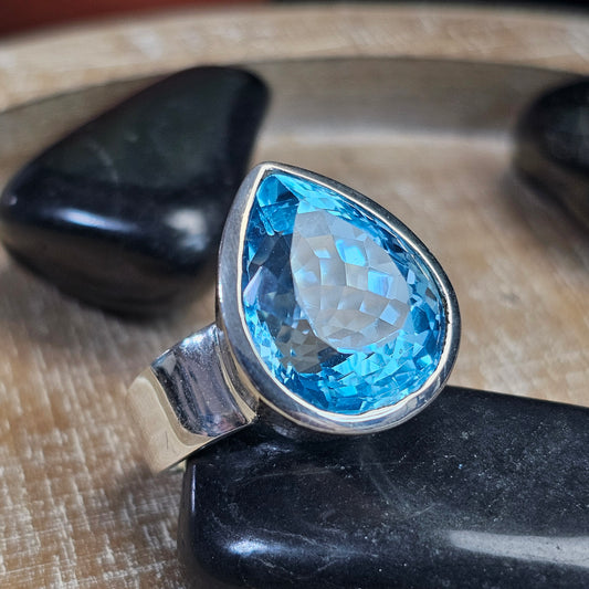 20+ Ct Sky Blue Topaz Natural Gemstone Teardrop Statement Ring 925 Sterling Silver Size 8