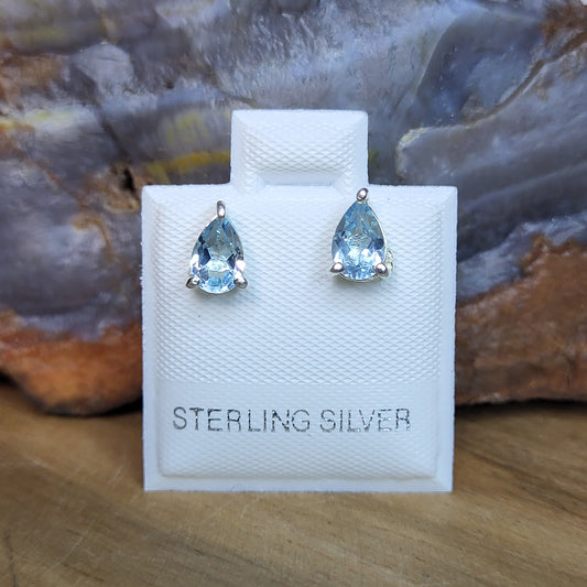 Blue Topaz 925 Sterling Silver Prong Set Natural Gemstone Teardrop Stud Earrings
