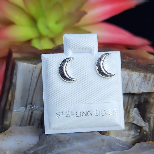 Stamped moon 925 sterling silver stud earrings