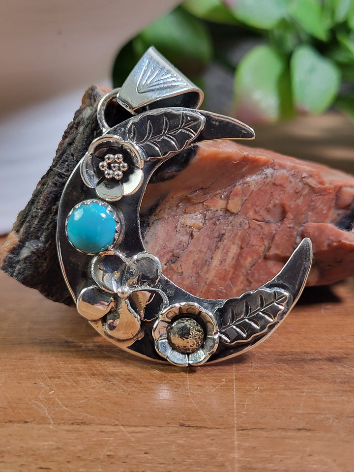Natural Turquoise Moon Pendant 925 Sterling Silver