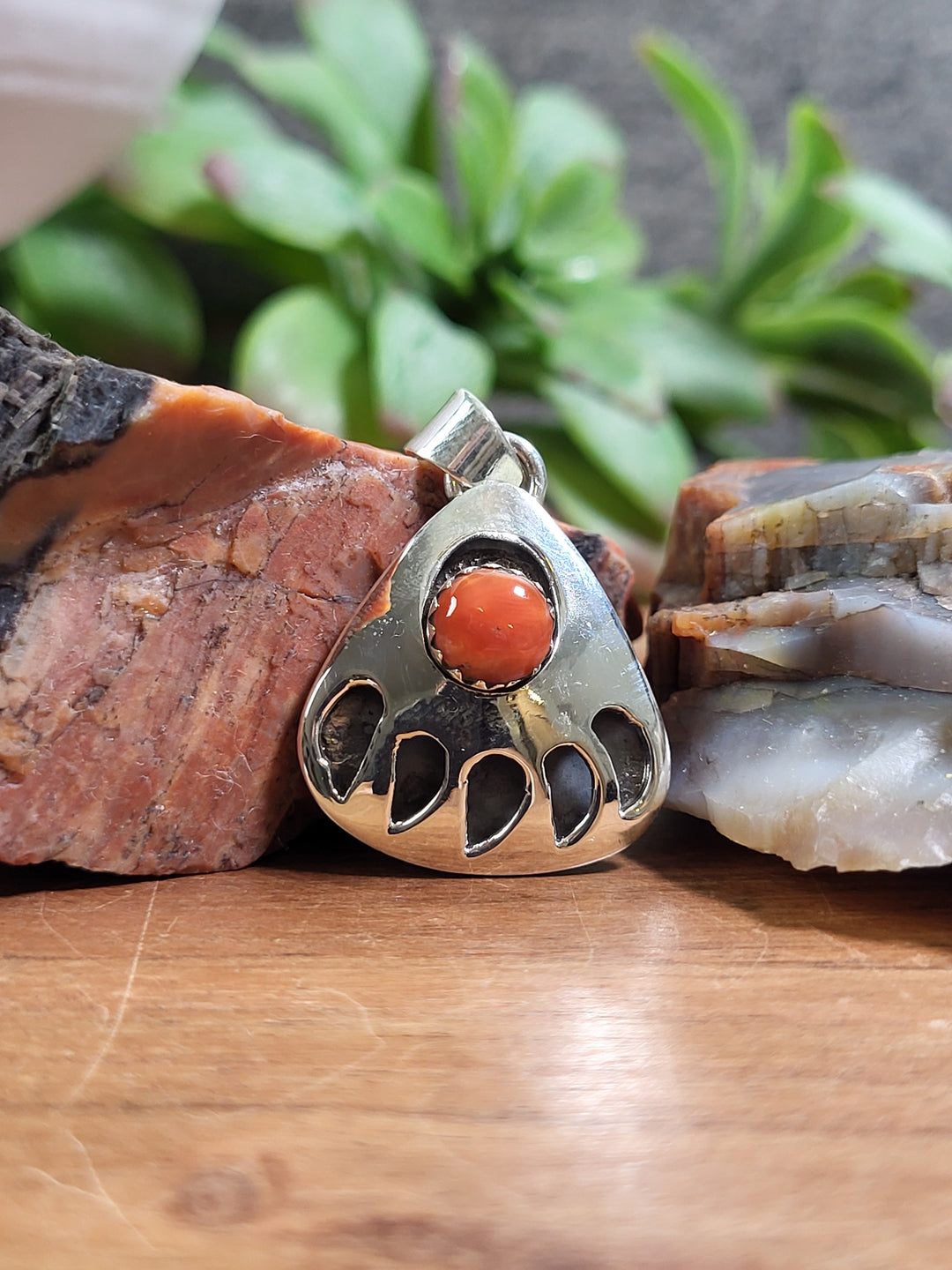 Natural Red Spiny Oyster Bear Claw Pendant 925 Sterling Silver