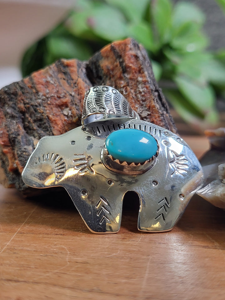 Natural Turquoise Bear Pendant 925 Sterling Silver