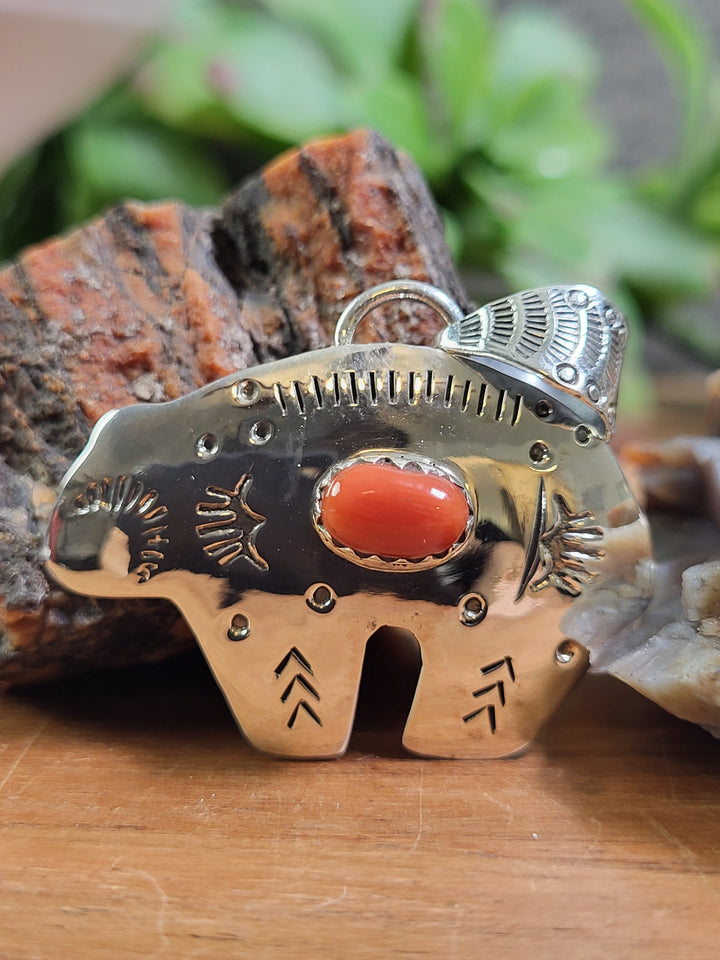 Natural Italian Coral Bear Pendant 925 Sterling Silver