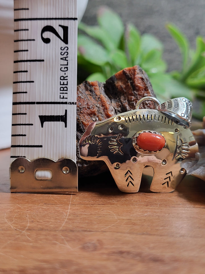 Natural Italian Coral Bear Pendant 925 Sterling Silver