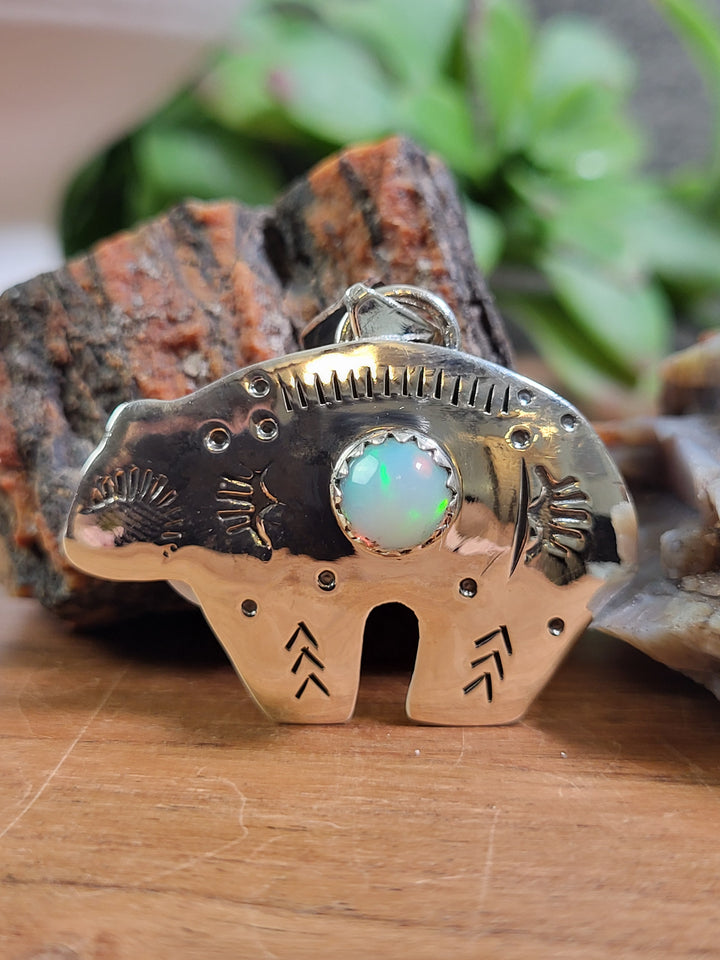 Natural Ethiopian Opal Bear Pendant 925 Sterling Silver