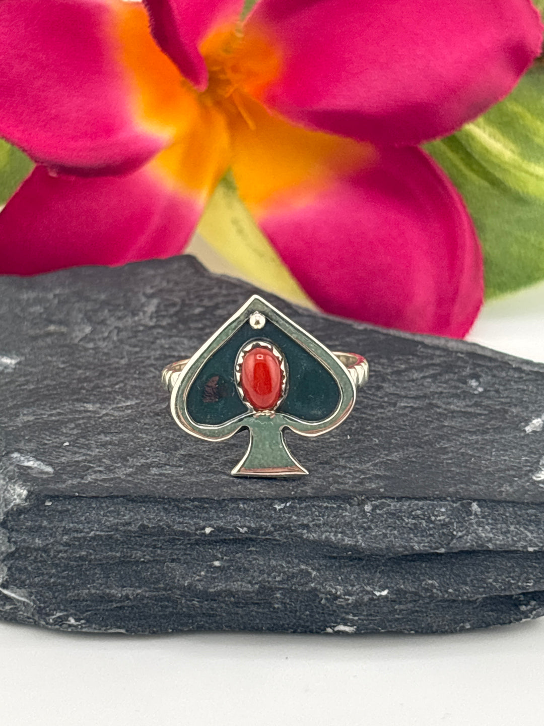 Italian Red Coral and 925 Sterling Silver Ring Size 7.25