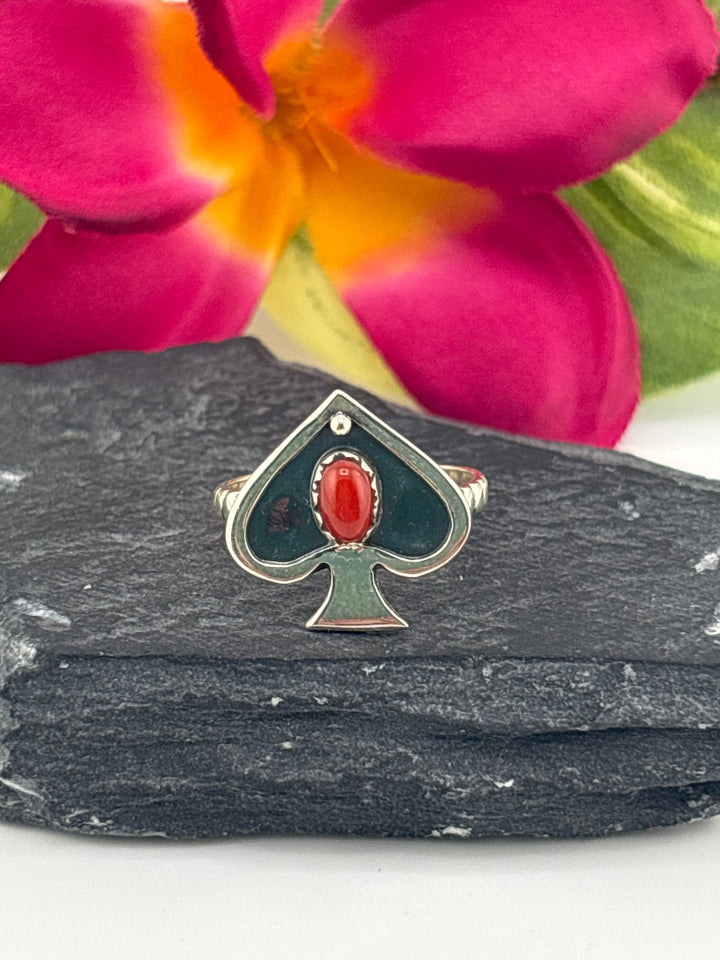 Italian Red Coral and 925 Sterling Silver Ring Size 7.25