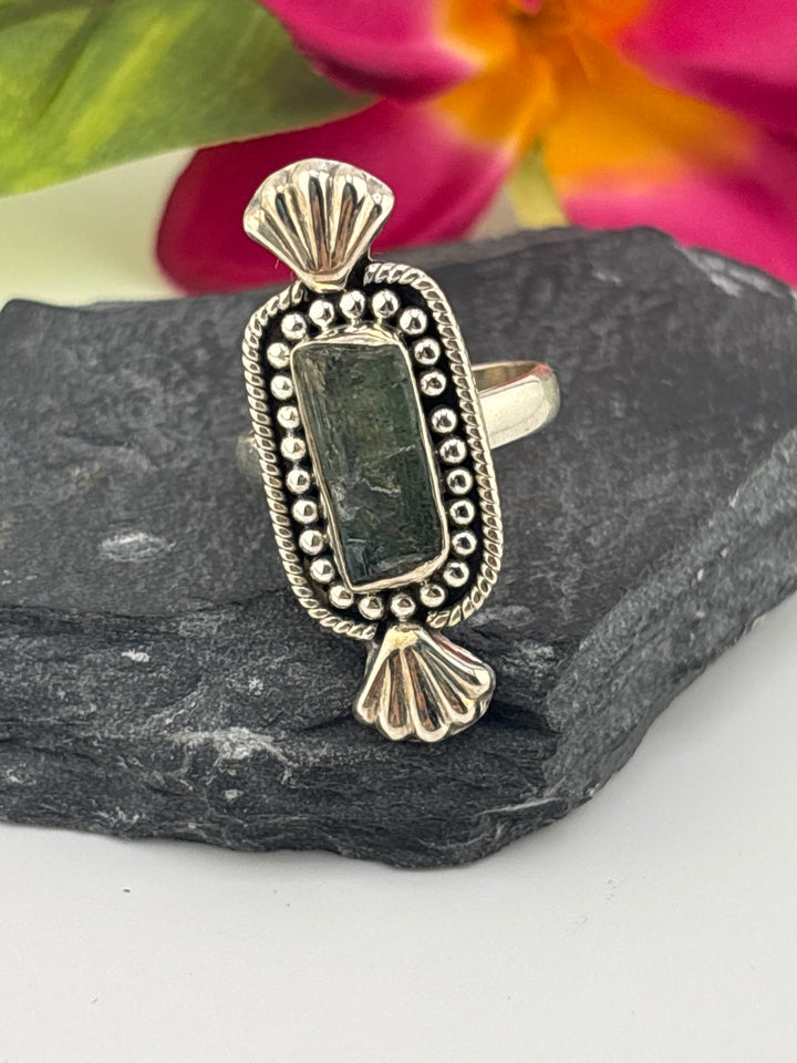 Raw Green Tourmaline and 925 Sterling Silver Ring Size 8