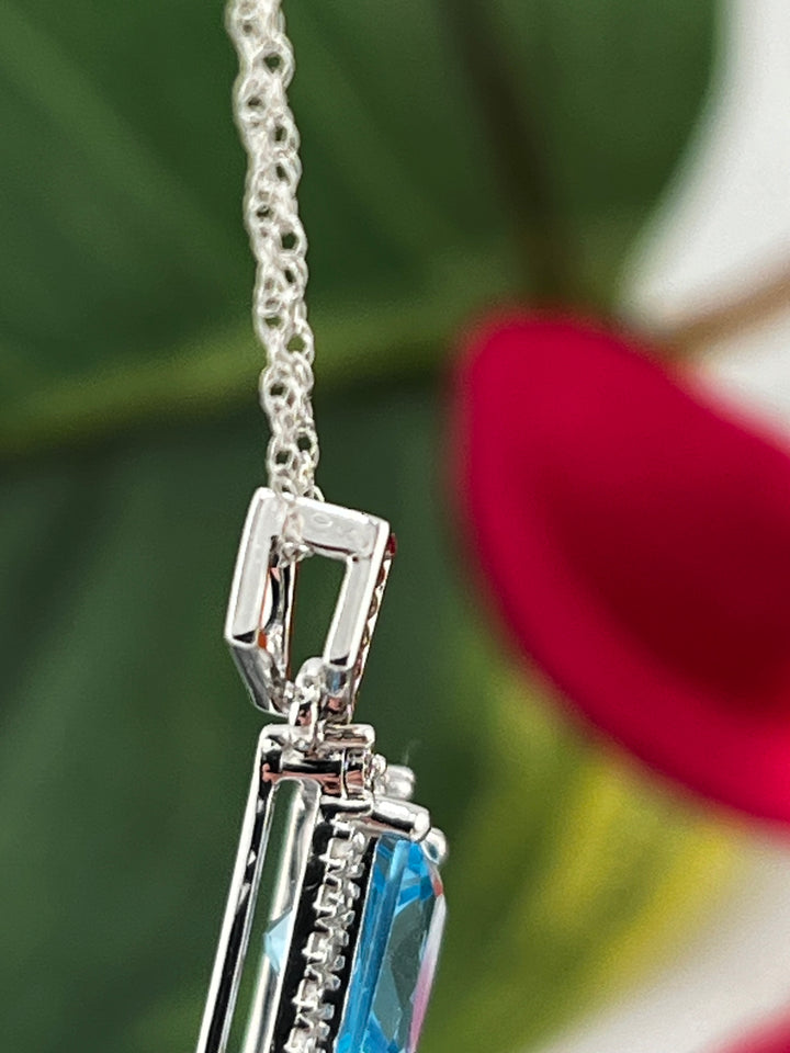 10K White Gold Blue Topaz and Diamond Necklace