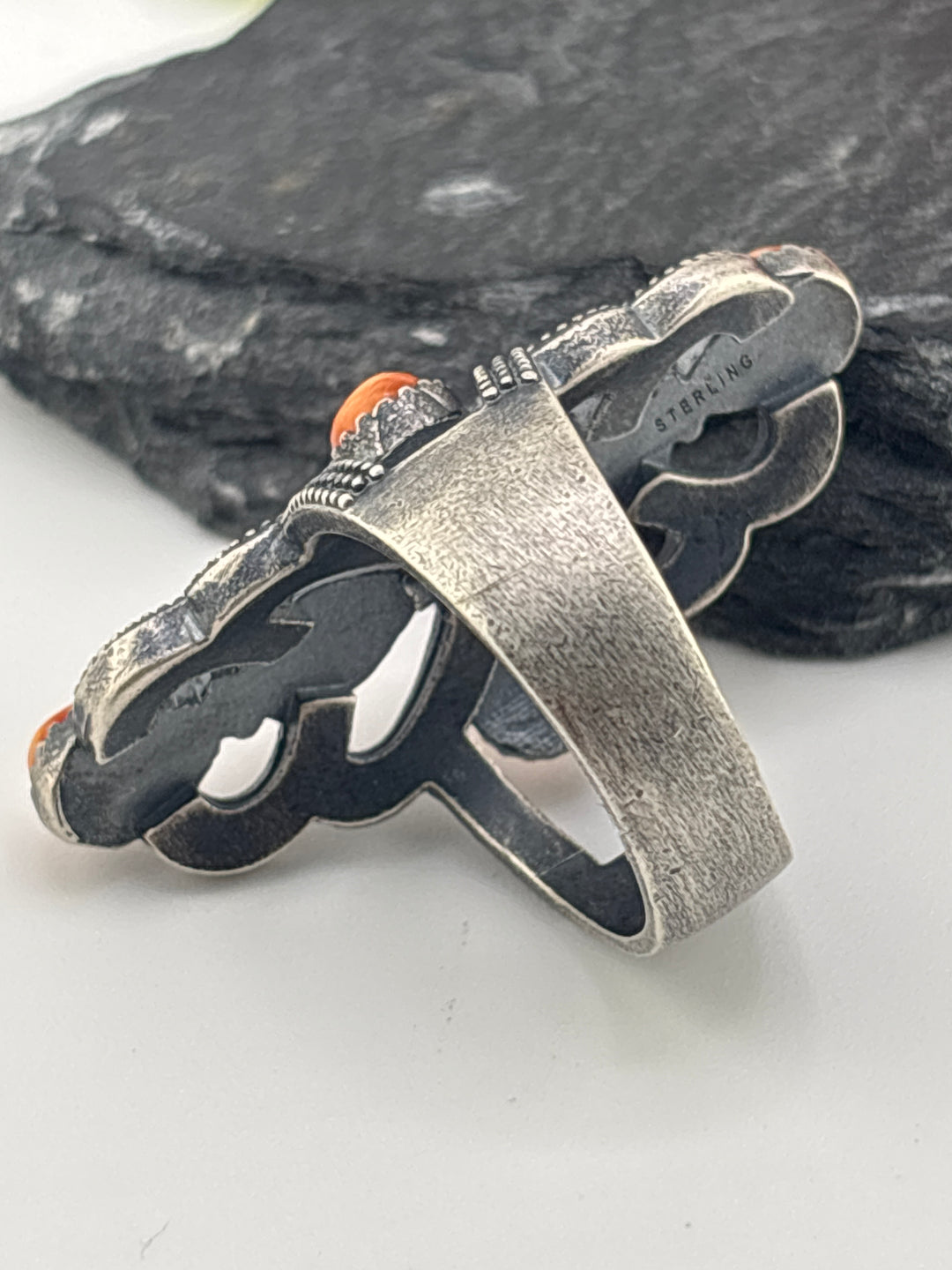 Orange Spiny Oyster Cross and 925 Sterling Silver Ring Size 10