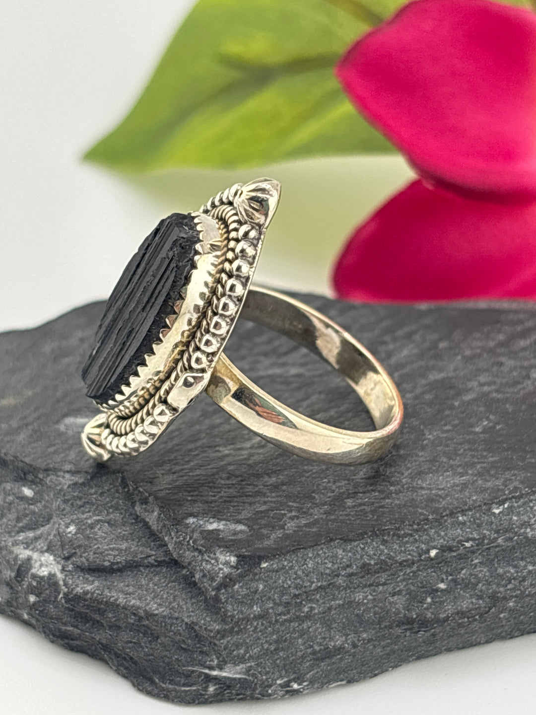 Raw Black Tourmaline and 925 Sterling Silver Ring Size 9