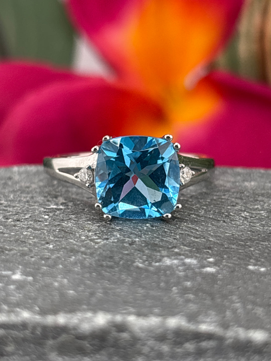 10k White Gold, Blue Topaz and Diamonds Ring Size 6.75