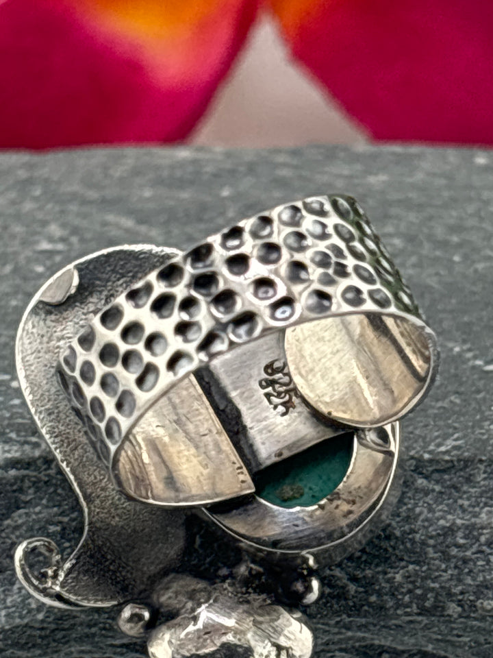 Hubei Turquoise w/Floral Design Ring Size 7 Adjustable
