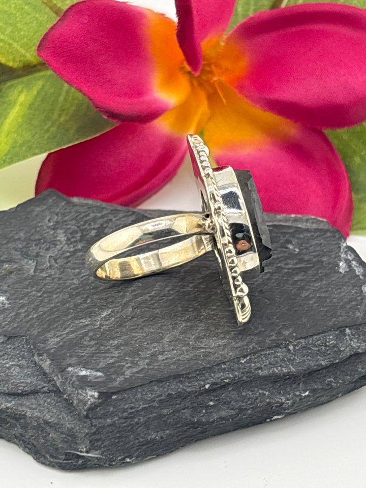 Raw Black Tourmaline and 925 Sterling Silver Ring Size 8