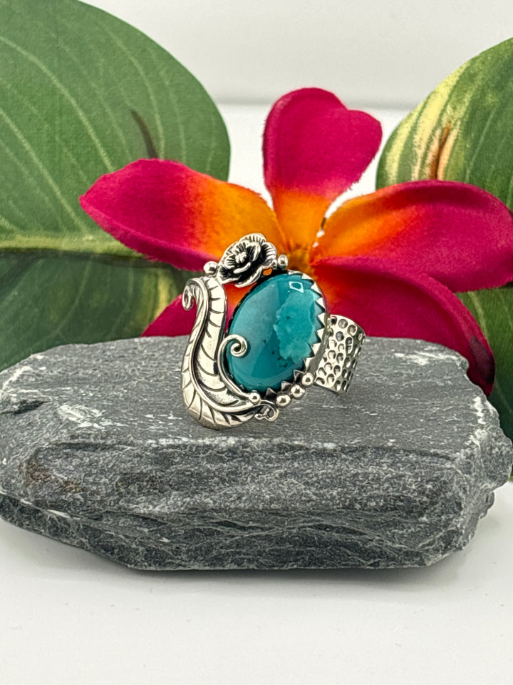 Hubei Turquoise w/Floral Design Ring Size 6 Adjustable