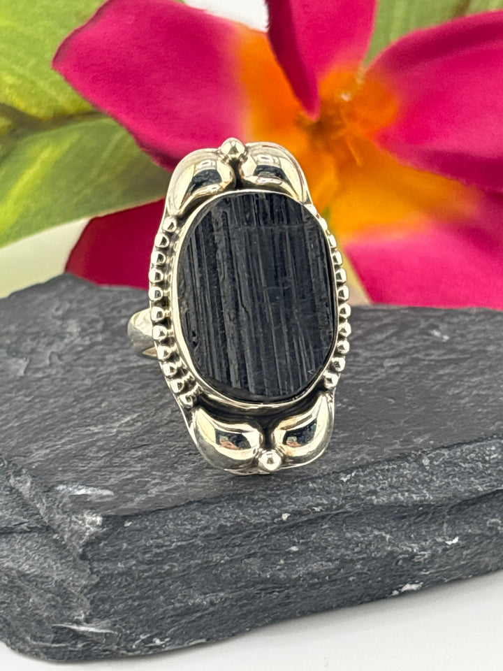 Raw Black Tourmaline and 925 Sterling Silver Ring Size 8
