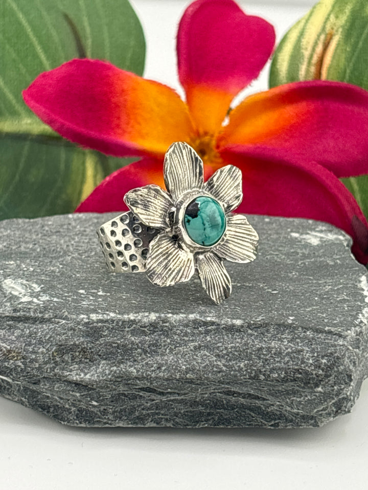 Hubei Turquoise Flower Ring Size 7 Adjustable