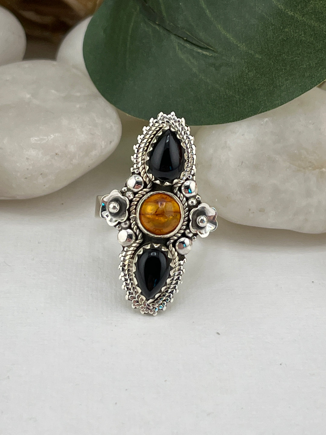 FB Black Onyx and Baltic Amber Ring