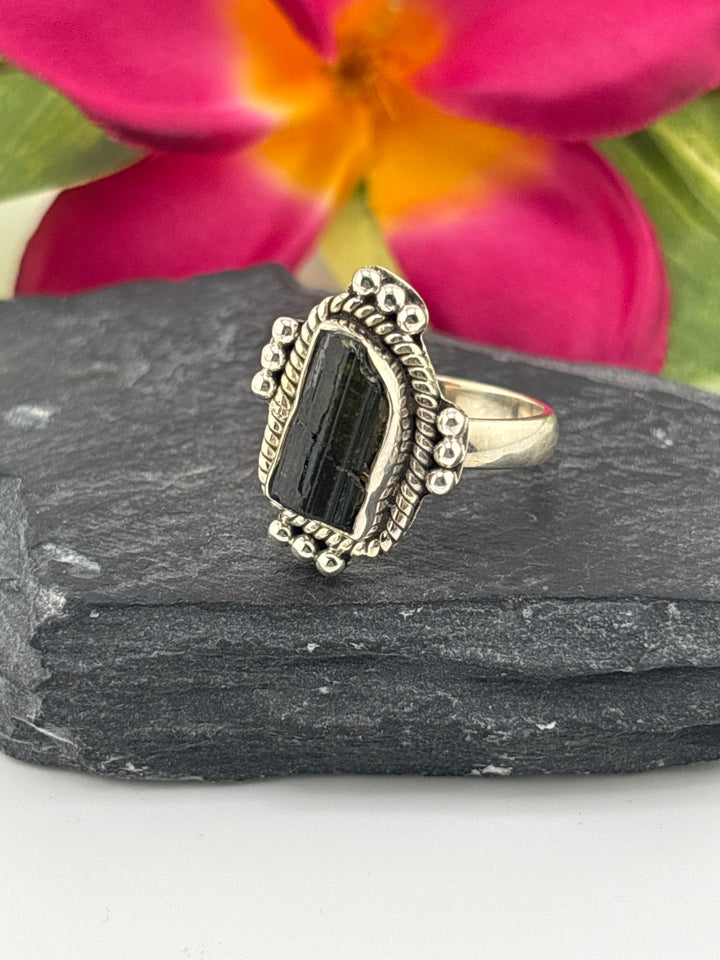 Raw Green Tourmaline and 925 Sterling Silver Ring Size 8