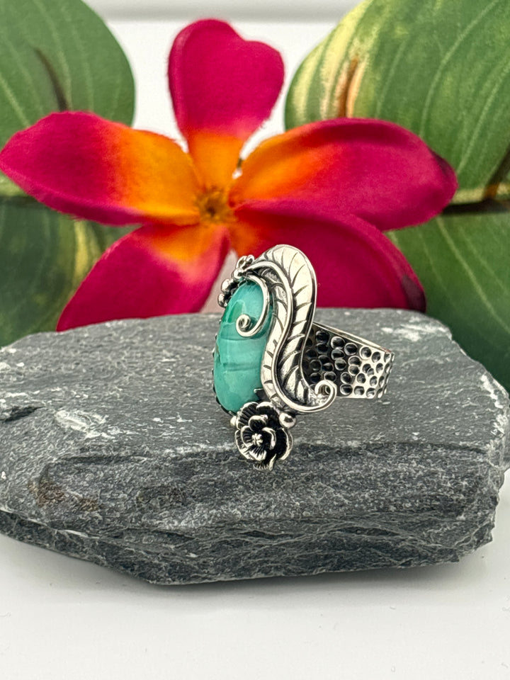 Hubei Turquoise w/Floral Design Ring Size 7 Adjustable