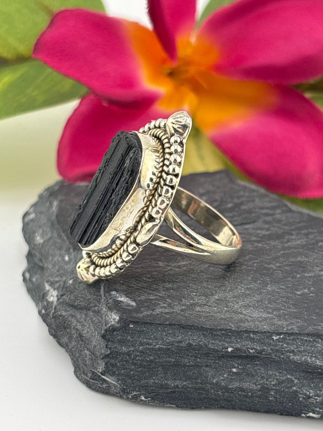 Raw Black Tourmaline and 925 Sterling Silver Ring Size 7